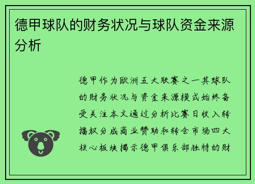 德甲球队的财务状况与球队资金来源分析